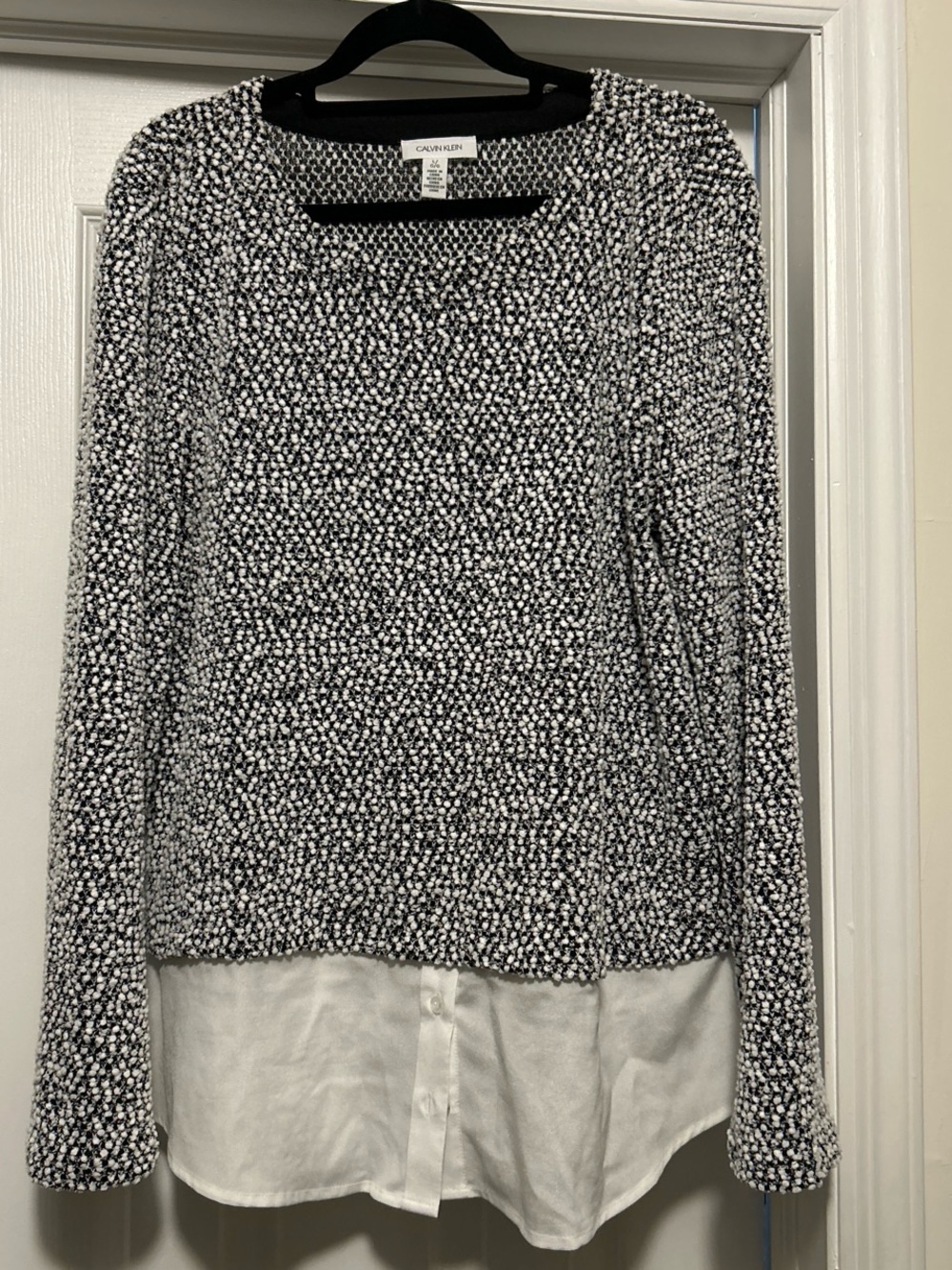 Calvin Klein Black & White Layered-Look Knit Sweater with Shirt Hem
